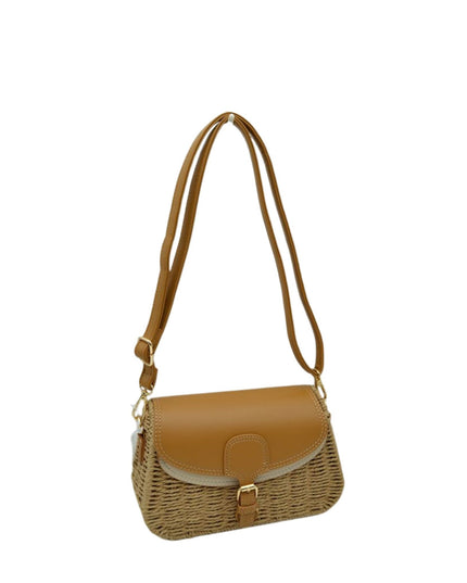 Belt Closure Leather & Structure Straw Crossbody Bag