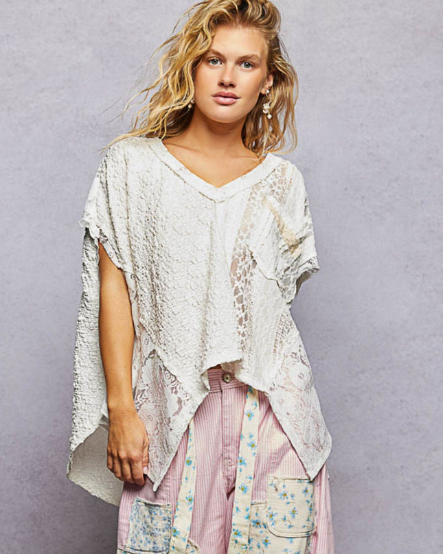 Contrast Lace Textured Flared Short Sleeve Top