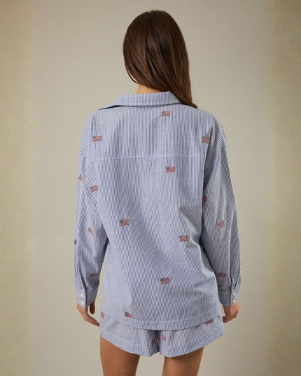 Stripe Flag Embroidered Button Down Top