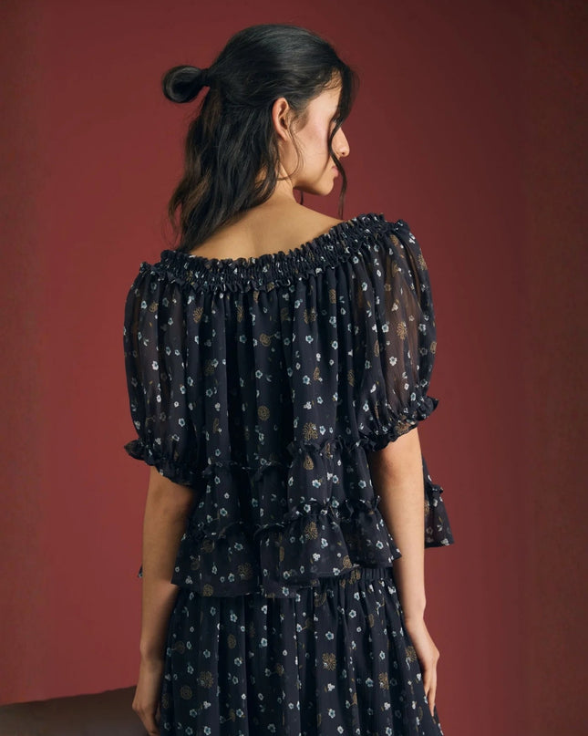 Floral Printed Smocked Neckline Front Tie Puff Short Sleeve Top