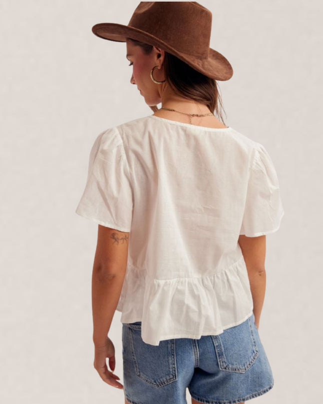 Lace Trim V Neck Flutter Short Sleeve Button Front Top