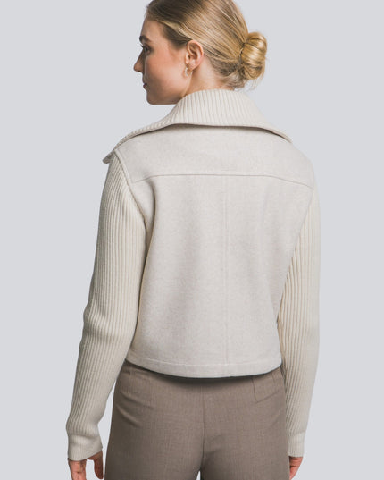 Ribbed Contrast Sleeve High Collar Zip Up Jacket