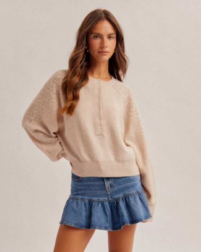 Lace Texture Sleeve Henley Sweater
