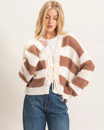 Tie Front Striped V Neck Cardigan Sweater