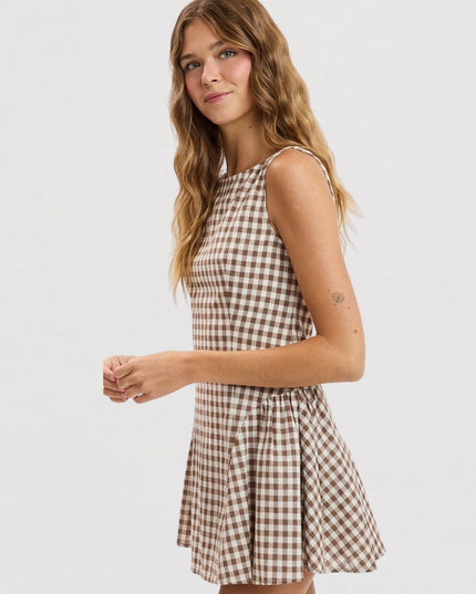 Checkered Print Boat Neck Sleeveless Mini Dress