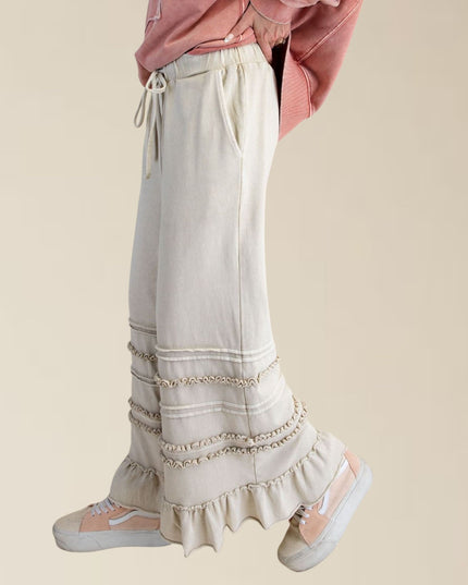 Tiered Ruffle Hem Elastic Drawstring Waist Wide Leg Pants
