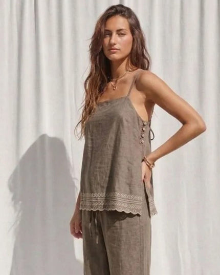 Side Button Embroidered Hem Spaghetti Strap Tie Back Top