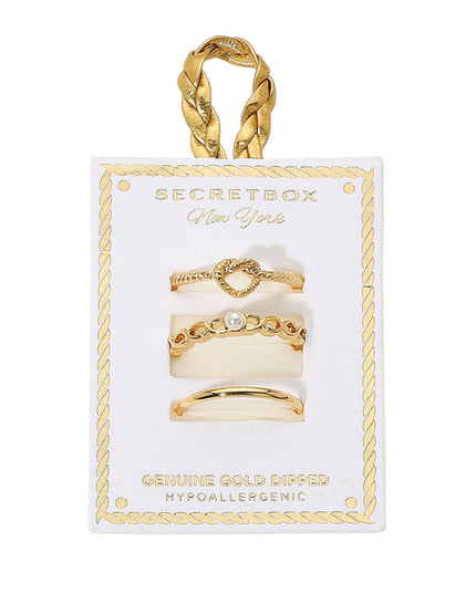 Heart Knot Pearl Thin Plain Band 3 Ring Set