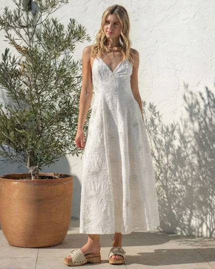 Embroidery Thin Strap Tie Back Maxi Dress