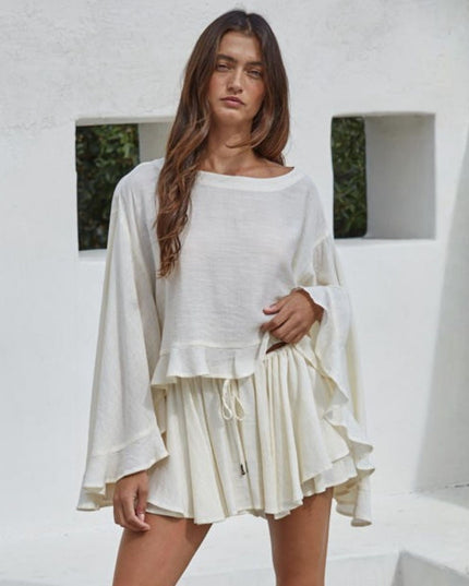 Hardey Slit Back Wide Long Sleeve Ruffle Top