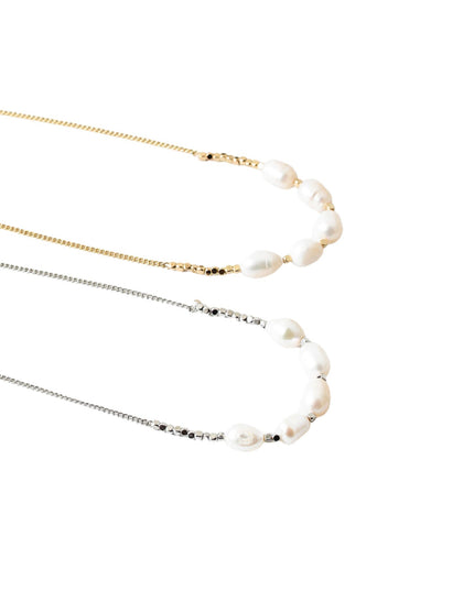 Metal Cube Bead 5 Oval Pearl Chain Necklace