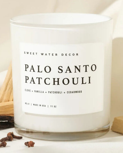 Palo Santo Patchouli 11oz White Jar Soy Candle