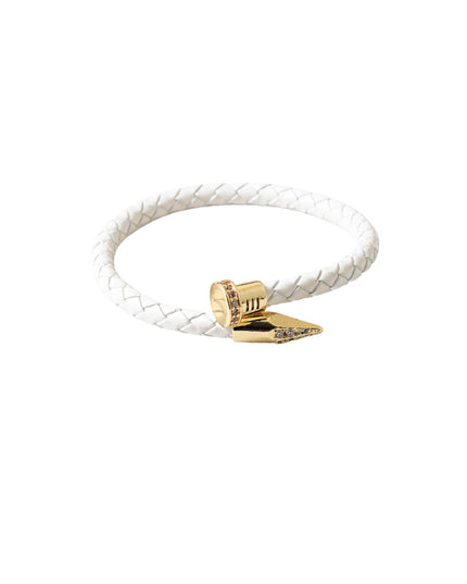 Gold CZ Nail Tip Braided Leather Bracelet