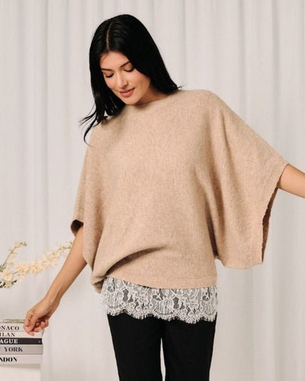 Lace Trim Dolman Half Sleeve Crew Neck Sweater