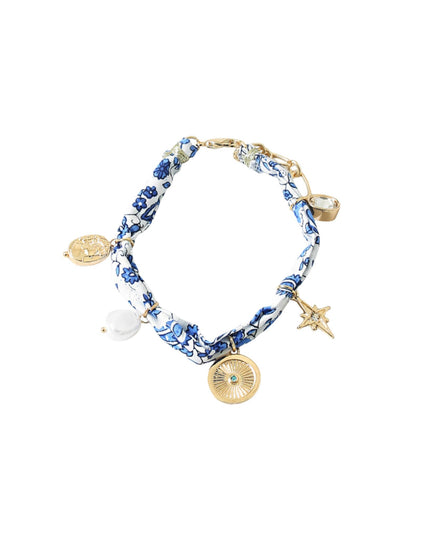 White Blue Scarf Pearl Metal Disc Charm Bracelet