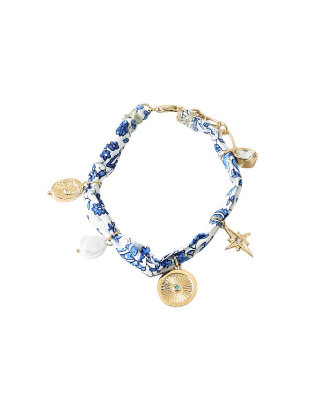 White Blue Scarf Pearl Metal Disc Charm Bracelet