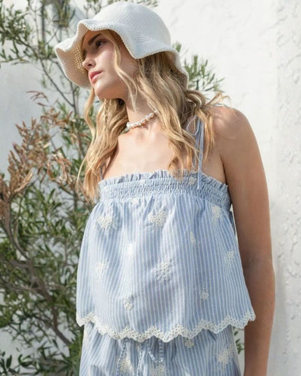 Embroidery Striped Spaghetti Strap Scallop Hem Top