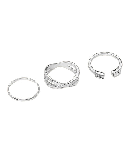 Baguette CZ Tip Criss Cross Thin Plain Band 3 Ring Set