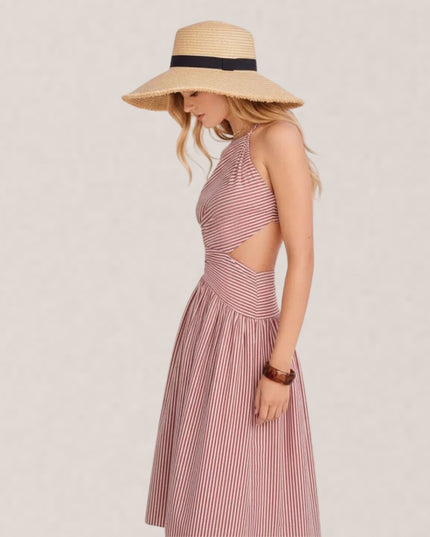 Striped Asymmetrical Cut Tie Back Midi Dress