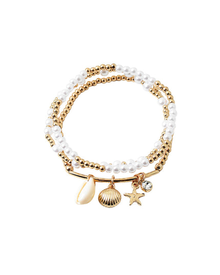 Puka Starfish Metal Seashell Charms Bar Pearl Ball Bead 3 Bracelet Set