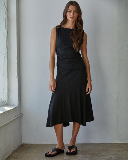 Muse Elastic Waist Lettuce Edge Midi Skirt