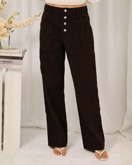 Button Front Straight Leg Elastic Back Waistband Denim Jeans