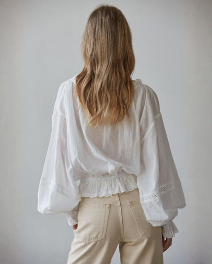 Jocelyn Embroidered Eyelet Trim Smocked Waist Long Sleeve Top
