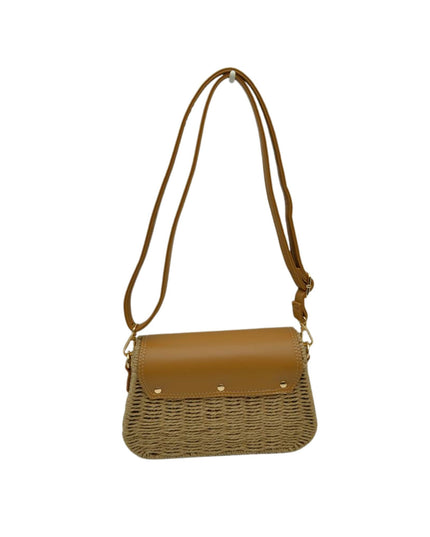 Belt Closure Leather & Structure Straw Crossbody Bag