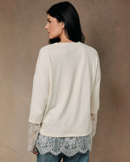 Lace Trim Sleeves V Neck Sweater
