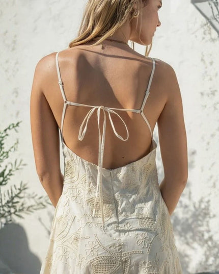 Embroidery Thin Strap Tie Back Maxi Dress