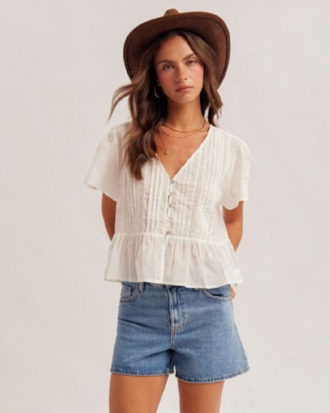 Lace Trim V Neck Flutter Short Sleeve Button Front Top