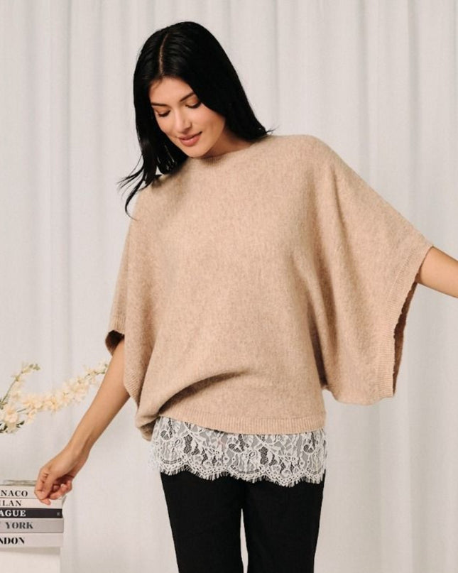 Lace Trim Dolman Half Sleeve Crew Neck Sweater