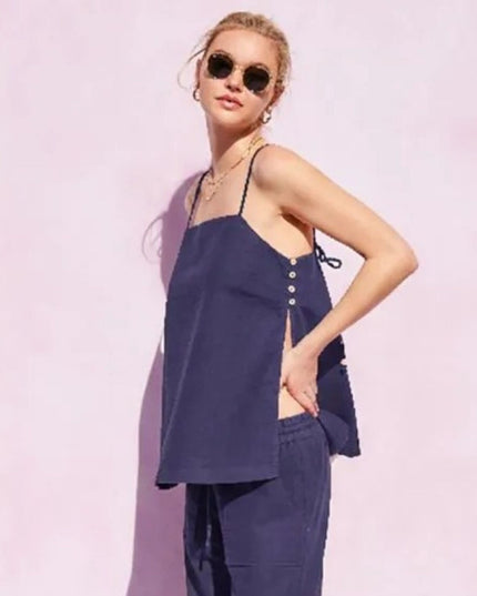 Button Side Linen Split Open Tank Top