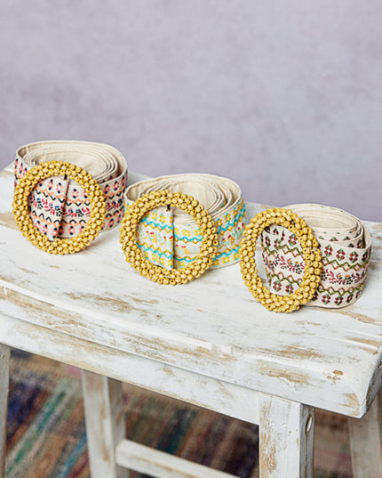 Embroidered Pattern Beaded Buckle Belt