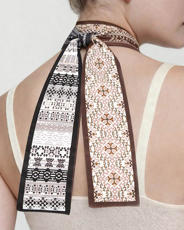 Geometric Jacquard Pattern Print Silk Feel Twilly Skinny Scarf