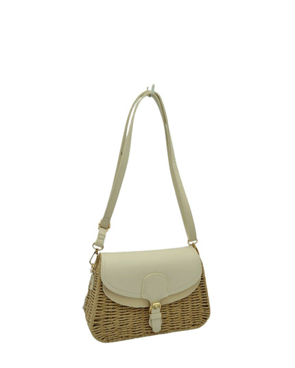 Belt Closure Leather & Structure Straw Crossbody Bag
