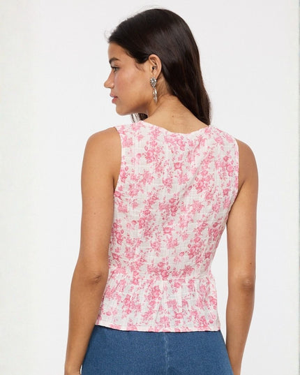 Floral Triple Ribbon Tie Front Sleeveless Top
