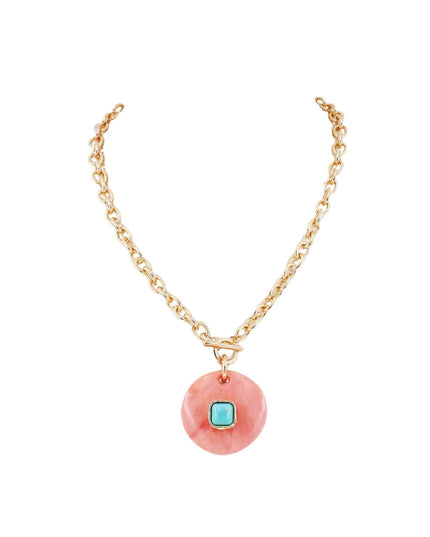 Stone Center Round Natural Stone Pendant Gold Chain Toggle Necklace