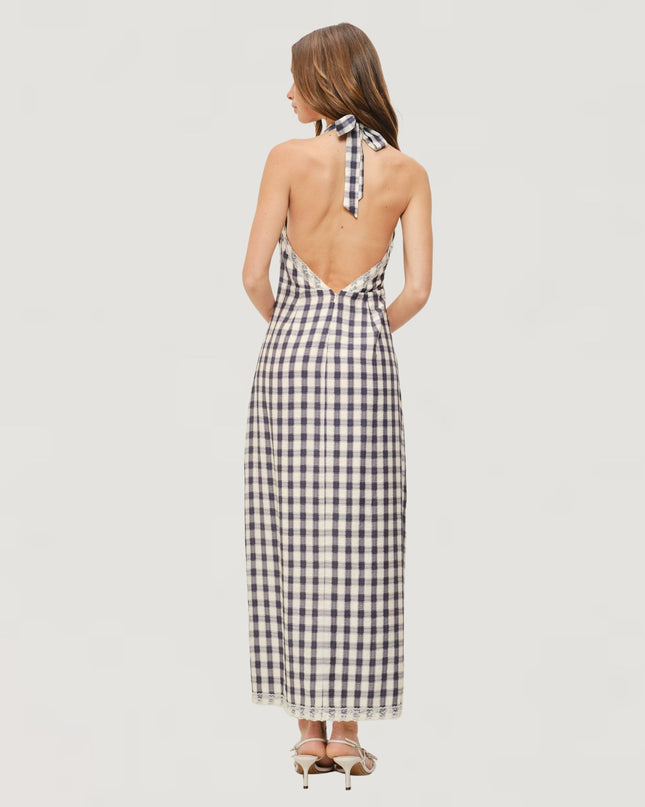 Isla Lace Trim Checkered Plaid Tie Halter Maxi Dress