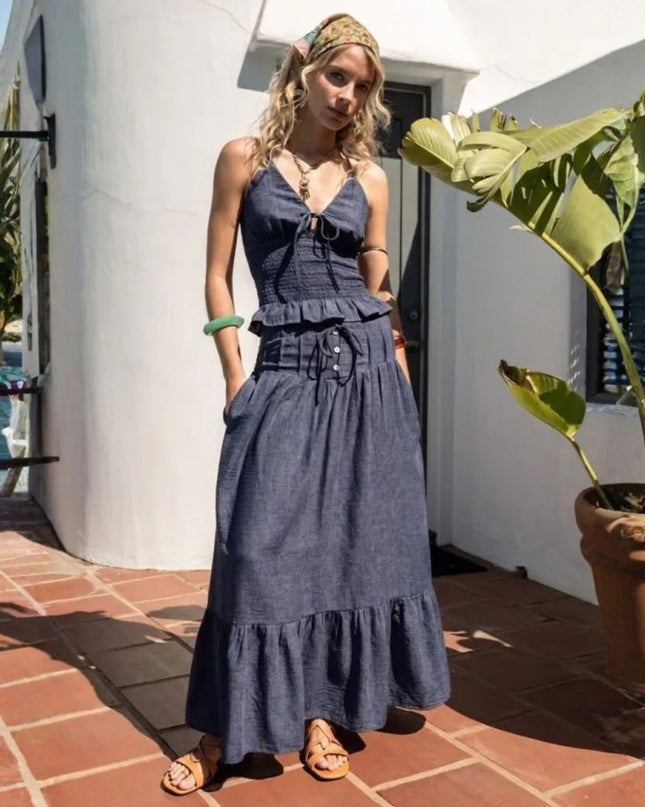 High Waist Drawstring Smocked Back Denim Maxi Skirt