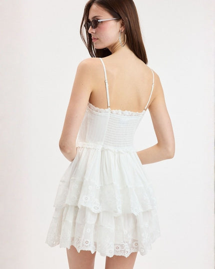 Solid Hook & Eyes Layered Floral Lace Mini Dress