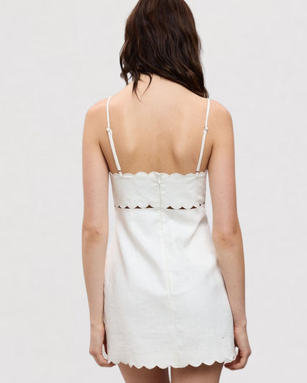 Linen Scallop Cut V Neck Spaghetti Strap Mini Dress