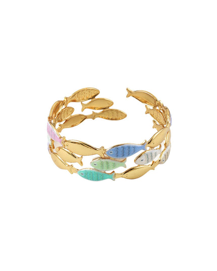 Enamel Gold Metal Fish 3 Row Cuff Bracelet
