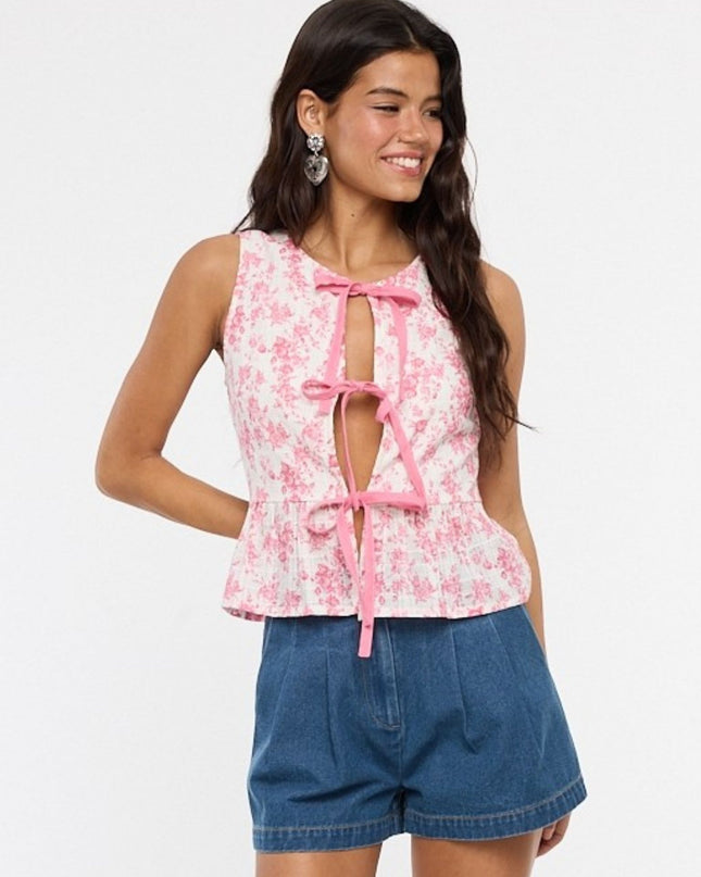 Floral Triple Ribbon Tie Front Sleeveless Top