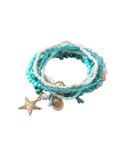 Mixed Beaded Puka Shell Gold Starfish Sea Shell Charm 6 Bracelet Set