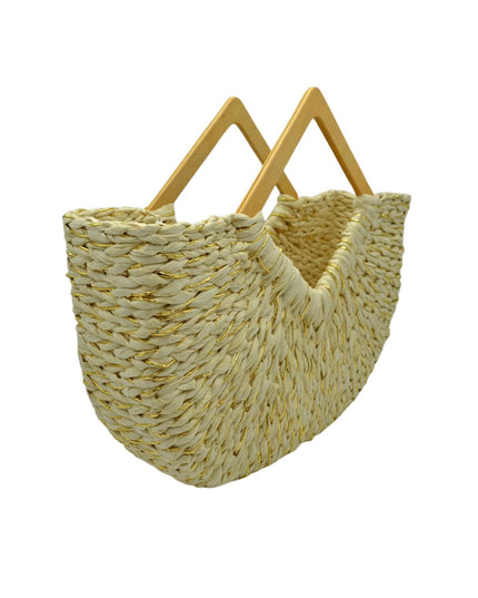 Large Straw Wood Point Handle Tote