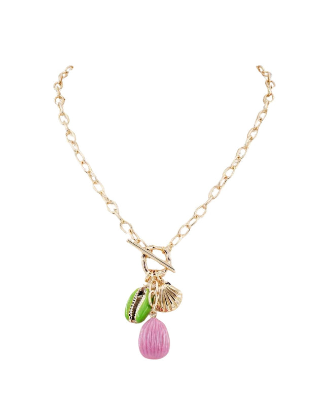 Enamel Puka Shell Gold Clam Shell Pendant Chain Link Toggle Necklace