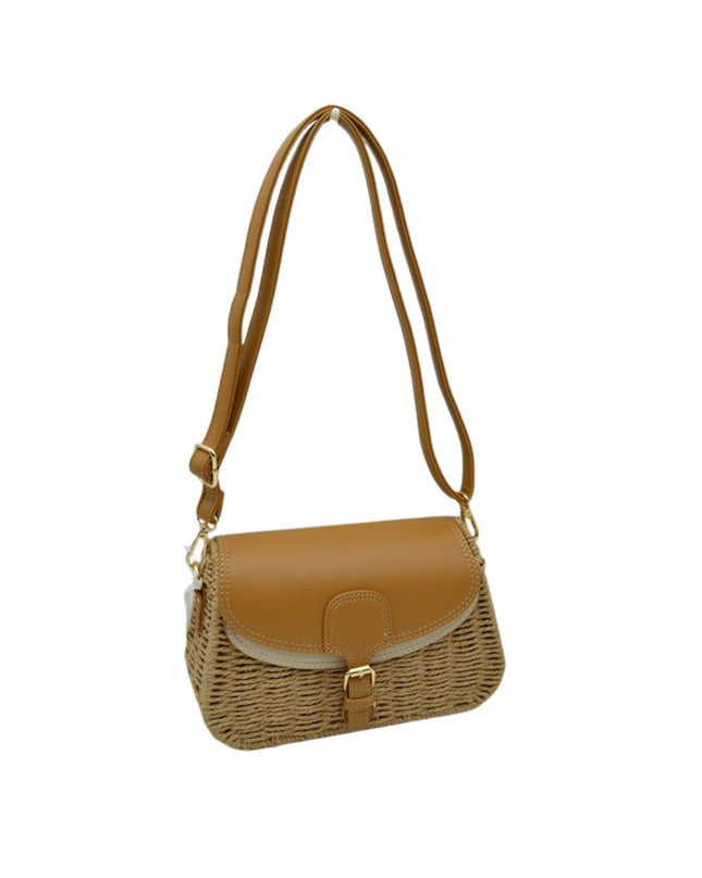 Belt Closure Leather & Structure Straw Crossbody Bag