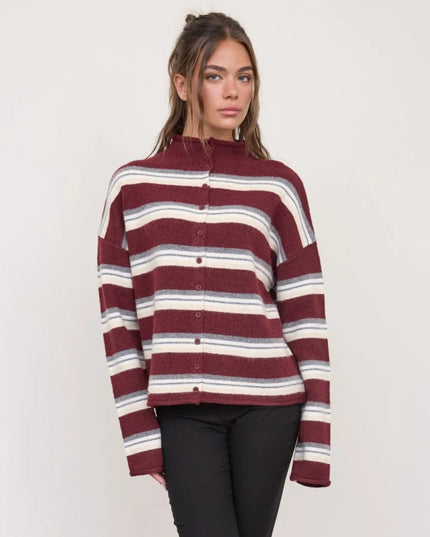 Multi Color Strip Rolled Neck Cardigan Sweater