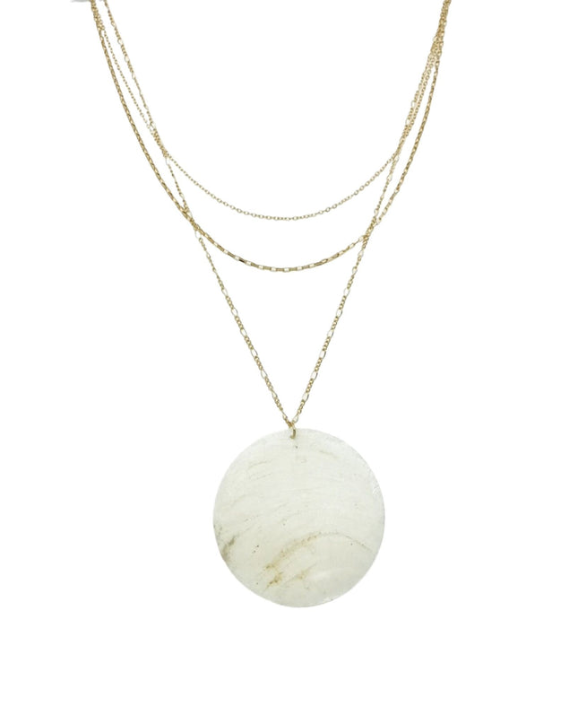 Round White Shell Pendant Triple Layered Chain Necklace